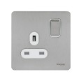Screwless 1 Gang 13A Switched Single Socket in Stainless Steel Flat Plate White Insert Schneider GU3410WSS