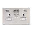 Schneider 2 Gang 13A Switched Socket with 2 USB 4A type A Charger Stainless Steel Metal Screwless Flat Plate White Trim Ultimate GGBGU3424DWSS