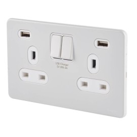 Schneider 2 Gang 13A Switched Socket with 2 USB 4A type A Charger White Metal Screwless Flat Plate White Trim Ultimate GGBGU3424DWPW