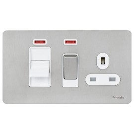 Screwless 45A Cooker Control Unit with Neon and Switched Socket in Stainless Steel Flat Plate White Insert Schneider GU4401WSS