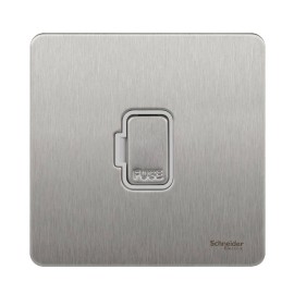 Screwless Unswitched 13A Fused Spur in Stainless Steel Flat Plate White Insert Schneider GU5400WSS