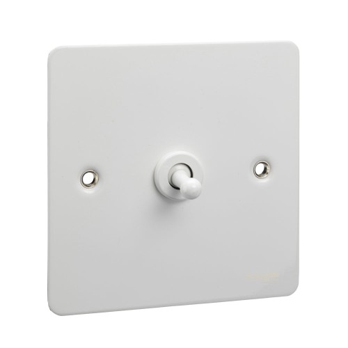 1 Gang 2 Way 16AX Single Toggle Switch in White Metal Flat Plate Schneider GU1212TPW