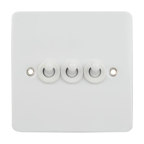 3 Gang 2 Way 16AX Triple Toggle Switch in White Metal Flat Plate, Schneider GU1232TPW