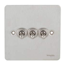 3 Gang 2 Way 16AX Triple Toggle Switch in Stainless Steel Flat Plate Schneider GU1232TSS