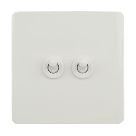 Screwless 2 Gang 2 Way 16AX Toggle Switch in White Metal Flat Plate, Schneider Ultimate GU1422TPW
