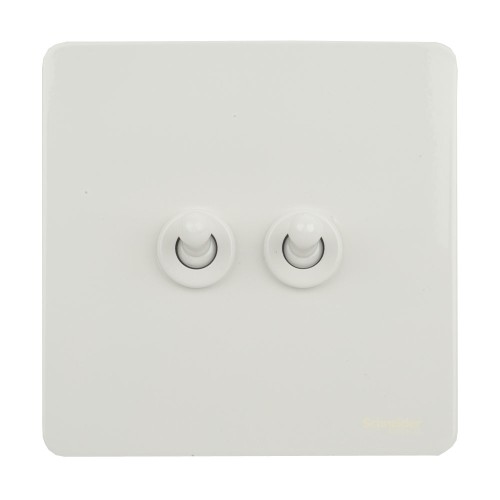 Screwless 2 Gang 2 Way 16AX Toggle Switch in White Metal Flat Plate, Schneider Ultimate GU1422TPW