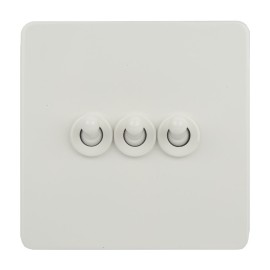 Screwless 3 Gang 2 Way 16AX Toggle Switch in White Metal Flat Plate, Schneider Ultimate GU1432TPW