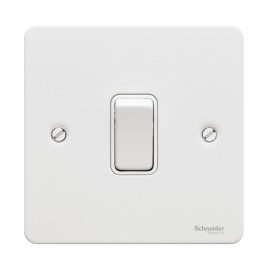 1 Gang 20AX Double Pole Switch in White Metal Flat Plate and White Trim Schneider GU2210WPW