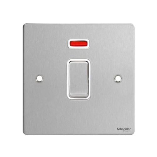 1 Gang 20AX Double Pole Switch with Neon in Stainless Steel Flat Plate White Insert Schneider GU2211WSS