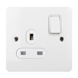 1 Gang 13A Switched Single Socket in White Metal Flat Plate White Insert, Schneider GU3210WPW
