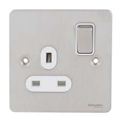 1 Gang 13A Switched Single Socket in Stainless Steel Flat Plate White Insert Schneider GU3210WSS