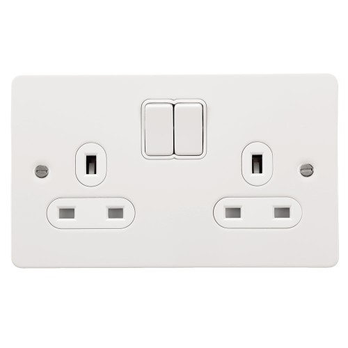 2 Gang 13A Switched Double Socket in White Metal Flat Plate White Insert Schneider GU3220WPW