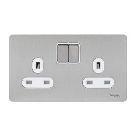 Screwless 2 Gang 13A Switched Double Socket in Stainless Steel Flat Plate White Insert Schneider GU3420WSS