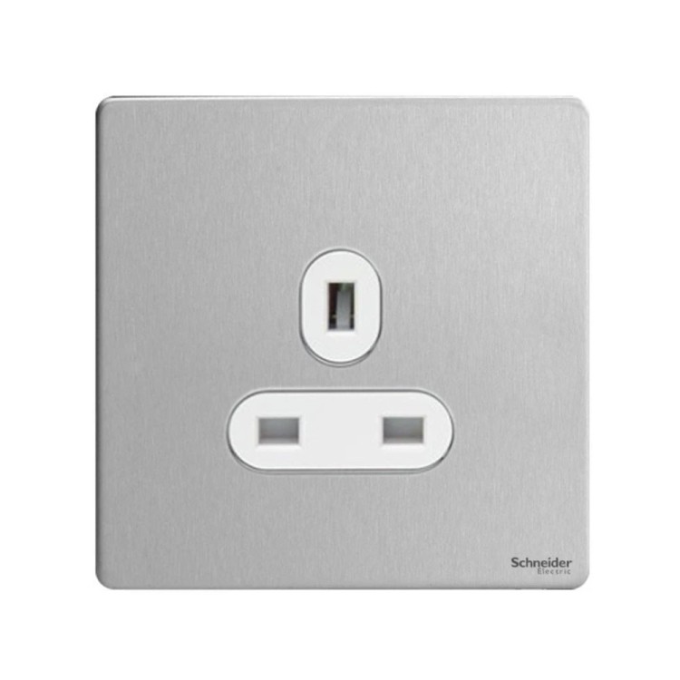 Schneider Brushed Stainless Steel 13 Amp Single 1 Gang Switched Socket Screwless 