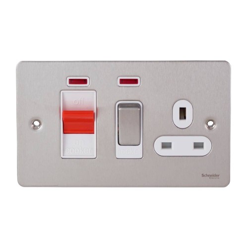 45A Cooker Control Unit with Neon in Stainless Steel Flat Plate White Insert Schneider GU4201WSS