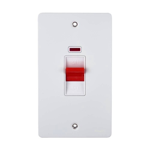 2 Gang 45A Double Pole Switch with Neon in White Metal Flat Plate White Insert Schneider GU4221WPW
