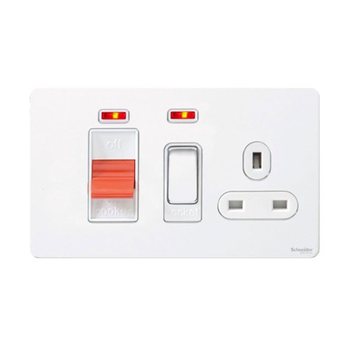 Screwless 45A Cooker Control Unit with Neon with Switched Socket White Metal Flat Plate White Trim, Schneider Ultimate GU4401WPW