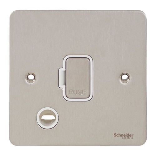 13A Unswitched Fused Spur with Flex Outlet in Stainless Steel White Insert Schneider GU5203WSS