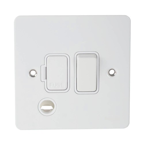 13A Switched Fused Spur with Flex Outlet in White Metal Flat Plate White Insert Schneider GU5213WPW