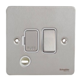 13A Switched Fused Spur with Flex Outlet in Stainless Steel Flat Plate White Insert Schneider GU5213WSS