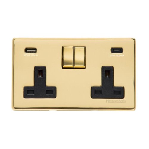 2 Gang 13A Socket with 2 USB-A+C Charger Sockets Screwless Polished Brass Flat Plate White Trim Studio Range