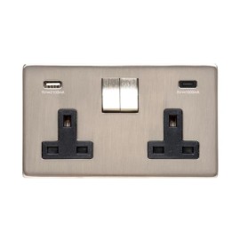 2 Gang 13A Socket with 2 USB-A+C Charger Sockets Screwless Satin Nickel Flat Plate Black Trim Studio Range