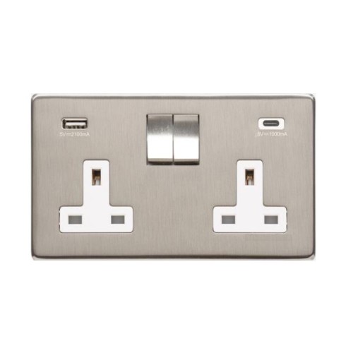 2 Gang 13A Socket with 2 USB-A+C Charger Sockets Screwless Satin Nickel Flat Plate White Trim Studio Range
