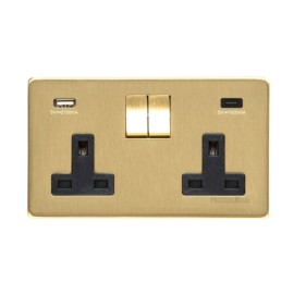 2 Gang 13A Switched Socket with 2 USB-A+C Sockets Satin Brass Black Trim Screwless Flat Plate and Rockers Studio Range
