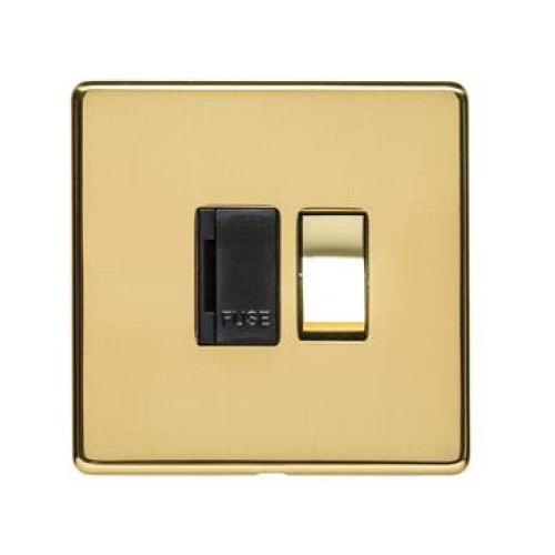 1 Gang 13A Switched Fused Spur Screwless Polished Brass Flat Plate and Black Insert Studio Range