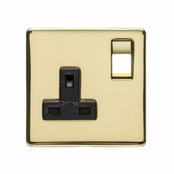 1 Gang 13A Switched Socket Screwless Polished Brass with a Black Insert Flat Plate Studio Range