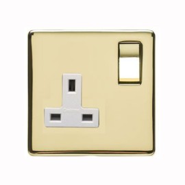 1 Gang 13A Switched Socket Screwless Polished Brass with a White Insert Flat Plate Studio Range