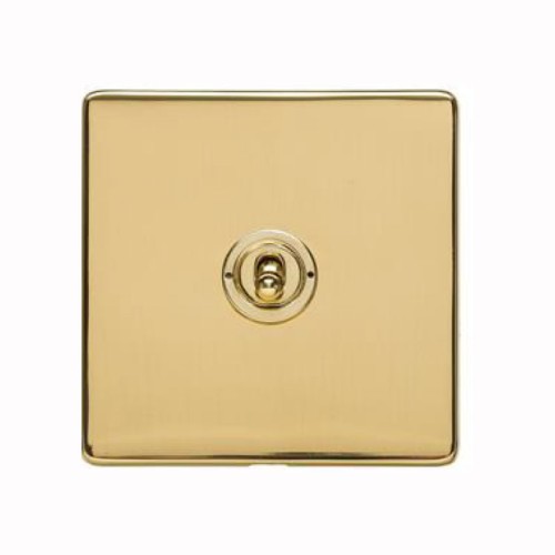1 Gang 2 Way Dolly Switch in Screwless Polished Brass Flat Plate and Toggle, Studio Range