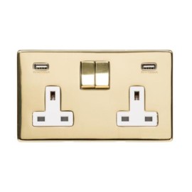2 Gang 13A Socket with 2 USB-A Charger Sockets Screwless Polished Brass Flat Plate White Trim Studio Range
