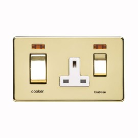 45A Cooker Switch Unit with 13A Socket Screwless Polished Brass Plate with a White Insert Studio Range