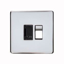 1 Gang 13A Switched Fused Spur Screwless Polished Chrome a Black Insert Flat Plate Studio Range