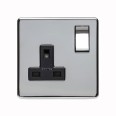 1 Gang 13A Switched Socket Screwless Polished Chrome with a Black Insert Flat Plate Studio Range