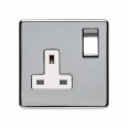 1 Gang 13A Switched Socket Screwless Polished Chrome with a White Insert Flat Plate Studio Range