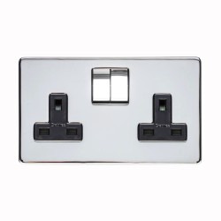 2 Gang 13A Switched Socket Screwless Polished Chrome with a Black Insert Flat Plate Studio Range