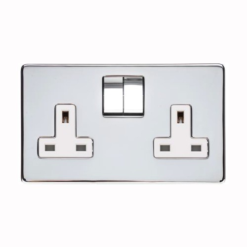 2 Gang 13A Switched Socket Screwless Polished Chrome with a White Insert Flat Plate Studio Range
