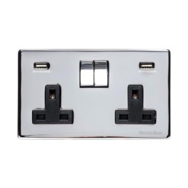 2 Gang 13A Socket with 2 USB-A Charger Sockets Screwless Polished Chrome Flat Plate Black Trim Studio Range