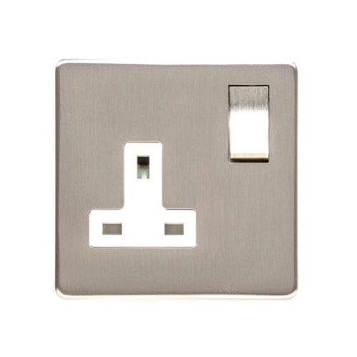 1 Gang 13A Switched Socket Screwless Satin Nickel Flat Plate with a White Trim Studio Range