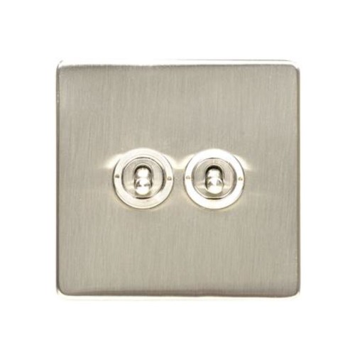 2 Gang 2 Way Dolly Switch Screwless Satin Nickel Flat Plate and Dolly, Studio Range