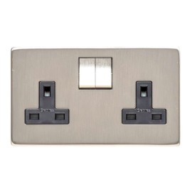 2 Gang 13A Switched Socket Screwless Satin Nickel Flat Plate with a Black Insert Studio Range