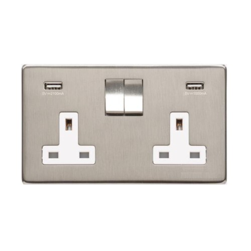 2 Gang 13A Socket with 2 USB-A Charger Sockets Screwless Satin Nickel Flat Plate White Trim Studio Range