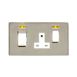 45A Cooker Switch Unit with 13A Socket Screwless Satin Nickel Plate with a White Trim, Studio Range