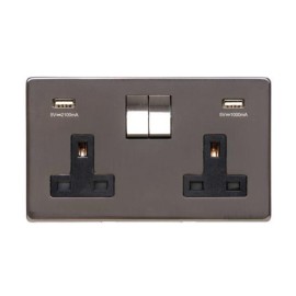 2 Gang 13A Socket with 2 USB-A Charger Sockets Screwless Polished Bronze Flat Plate Black Trim Studio Range