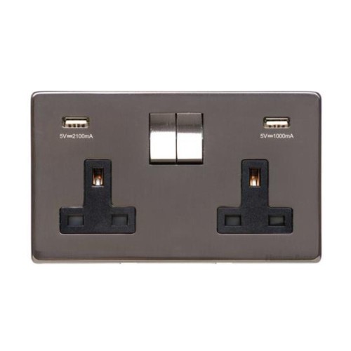 2 Gang 13A Socket with 2 USB-A Charger Sockets Screwless Polished Bronze Flat Plate Black Trim Studio Range