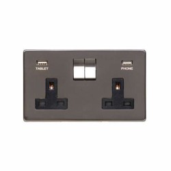 2 Gang 13A Socket with 2 USB Charger Sockets Screwless Polished Bronze Flat Plate Black Trim Studio Range