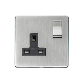 1 Gang 13A Switched Socket Screwless Satin Chrome Flat Plate with a Black Insert Studio Range