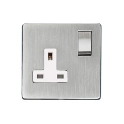 1 Gang 13A Switched Socket Screwless Satin Chrome Flat Plate with a White Insert Studio Range